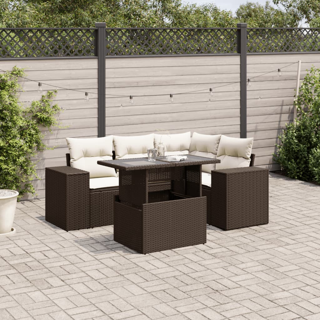Set Divano da Giardino 5 pz con Cuscini Marrone in Polyrattan - homemem39