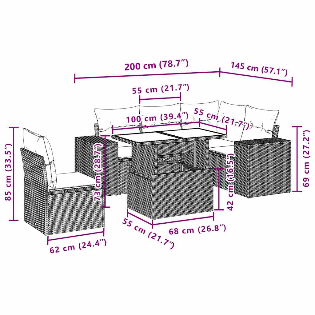 Set Divano da Giardino 6 pz con Cuscini Nero in Polyrattan - homemem39