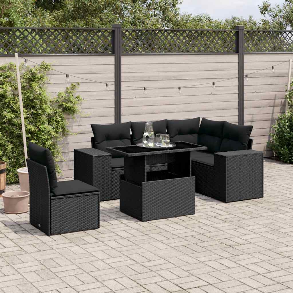 Set Divano da Giardino 6 pz con Cuscini Nero in Polyrattan - homemem39