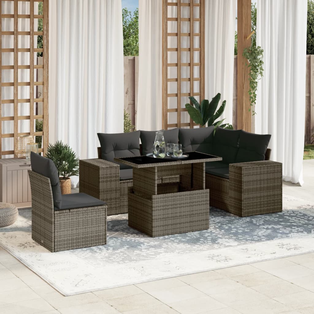 Set Divano da Giardino 6 pz con Cuscini Grigio in Polyrattan - homemem39