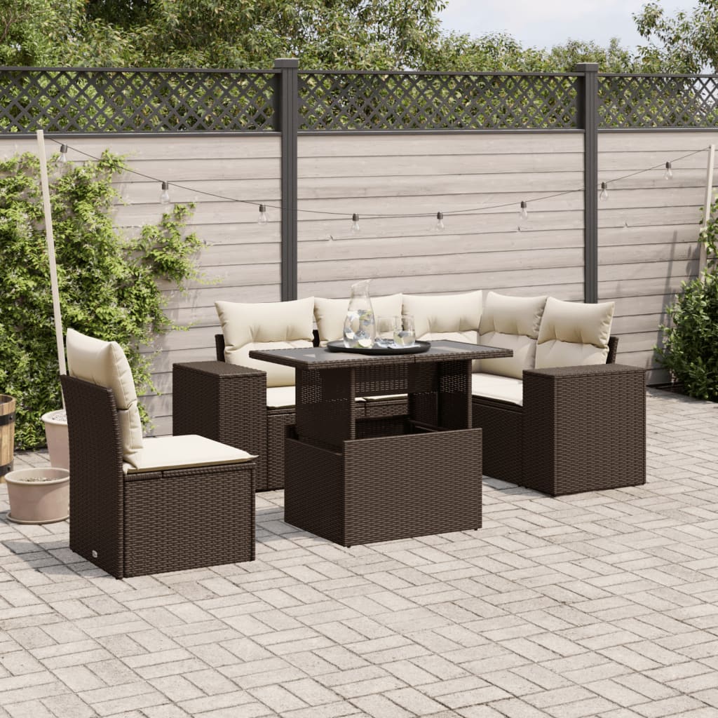 Set Divano da Giardino 6 pz con Cuscini Marrone in Polyrattan - homemem39