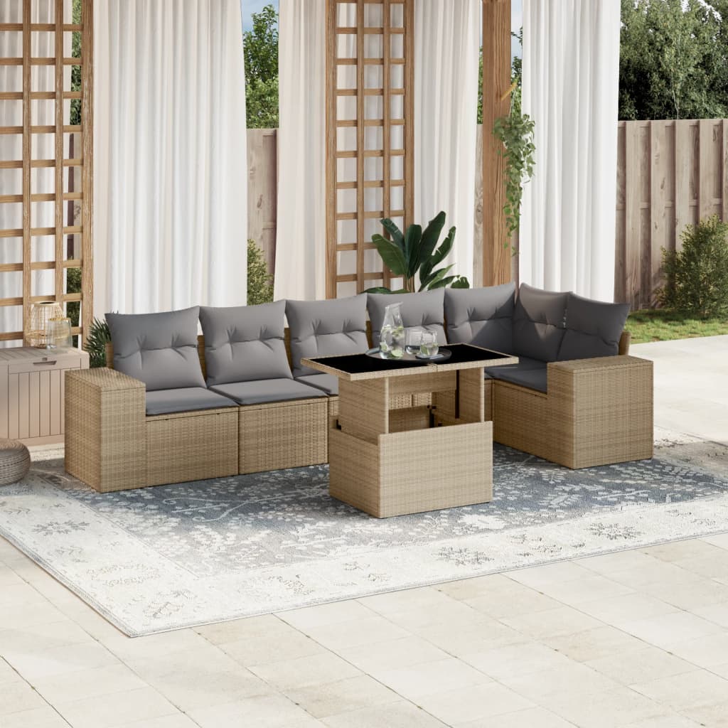 Set Divani da Giardino 7 pz con Cuscini Beige in Polyrattan - homemem39