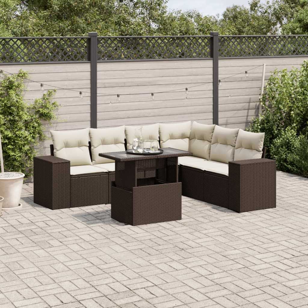 Set Divani da Giardino 7 pz con Cuscini Marrone in Polyrattan - homemem39