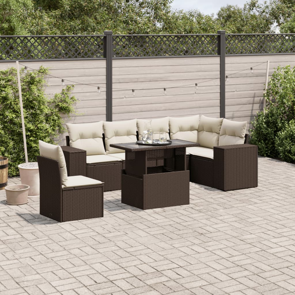 Set Divani da Giardino 7 pz con Cuscini Marrone in Polyrattan - homemem39