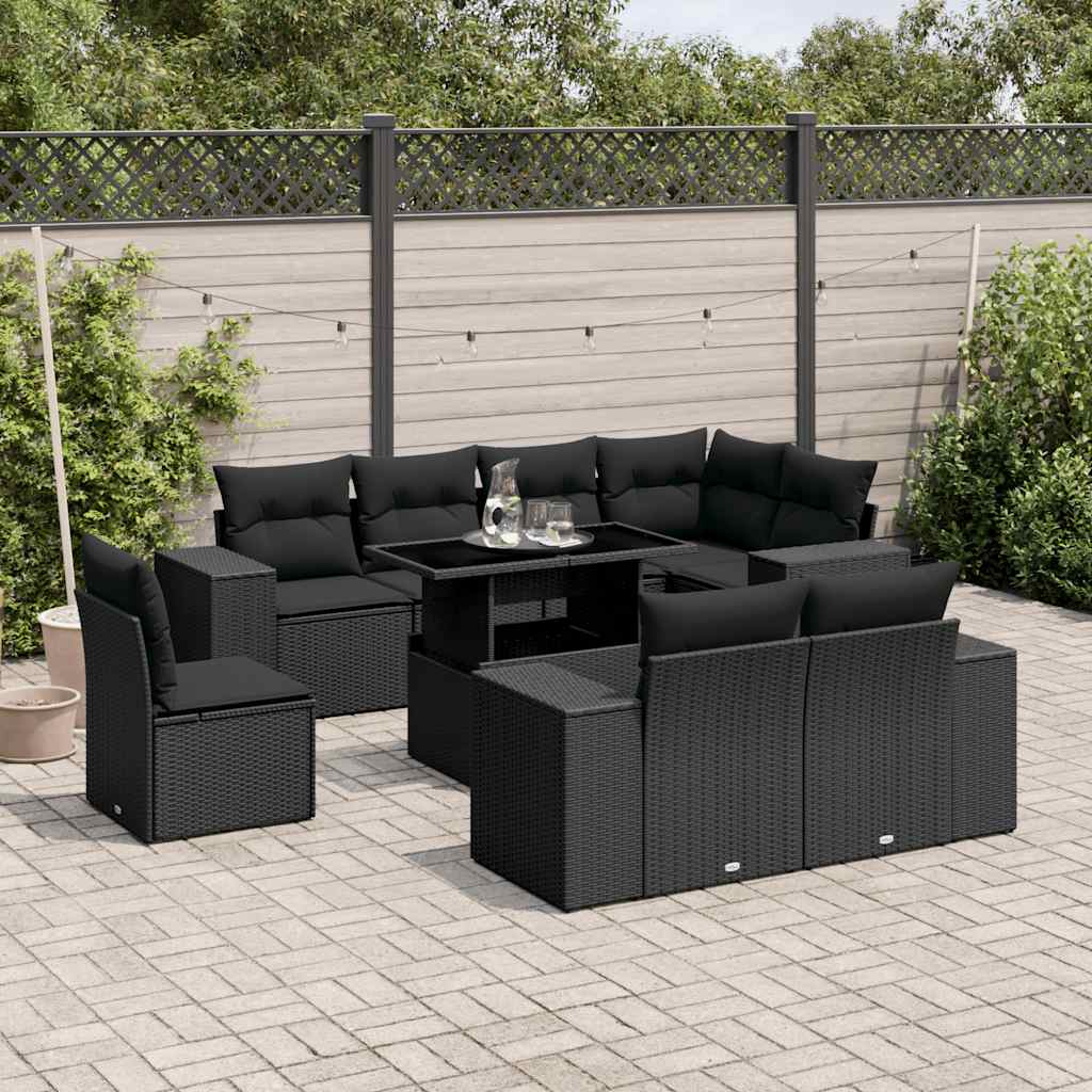 Set Divani da Giardino 9 pz con Cuscini Nero in Polyrattan - homemem39