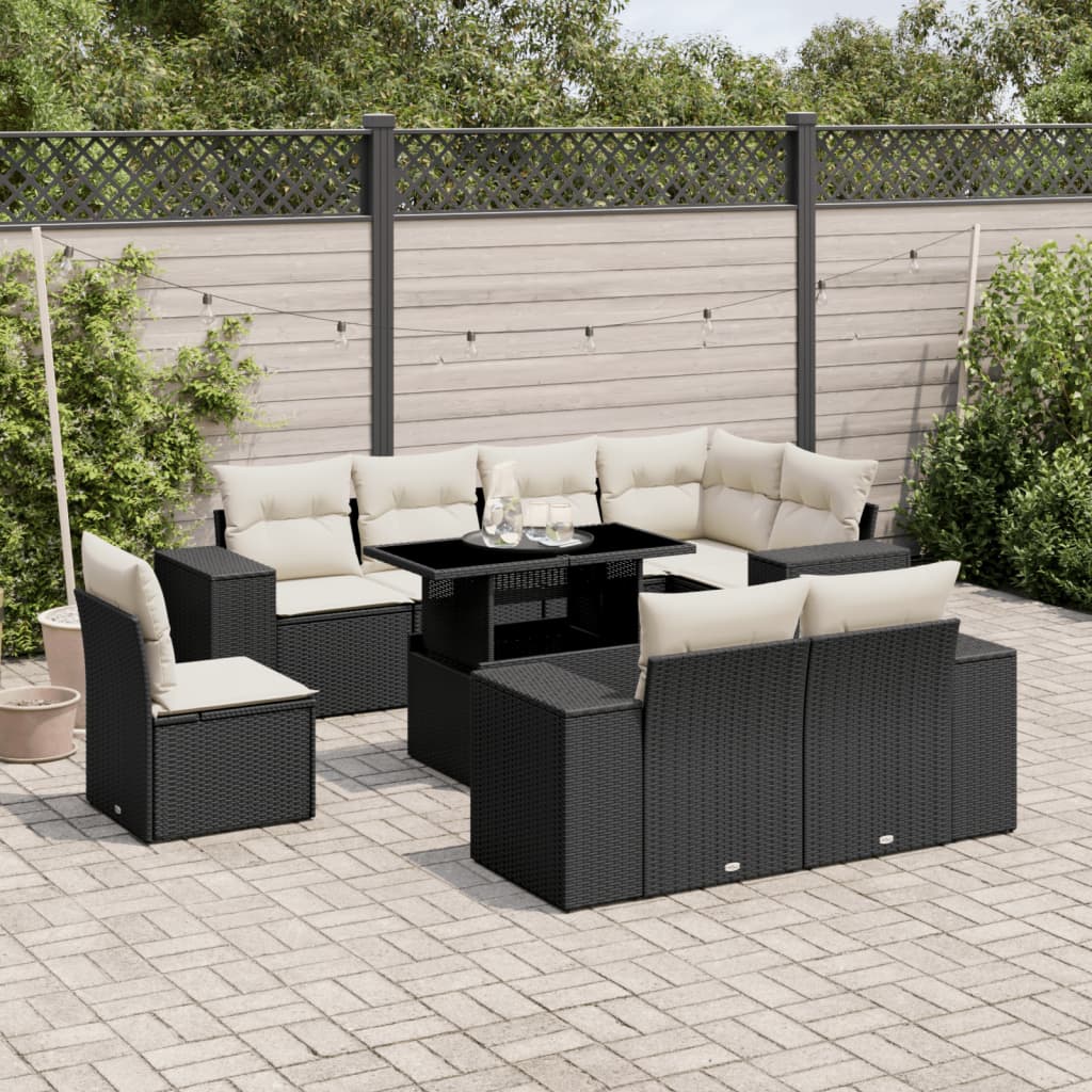 Set Divani da Giardino 9 pz con Cuscini Nero in Polyrattan - homemem39