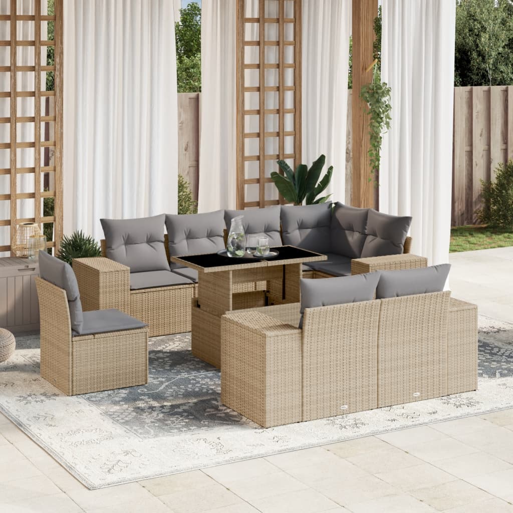 Set Divano da Giardino 9 pz con Cuscini Beige in Polyrattan | homemem39