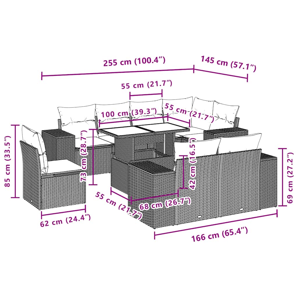 Set Divani da Giardino 9 pz con Cuscini Grigio in Polyrattan | homemem39