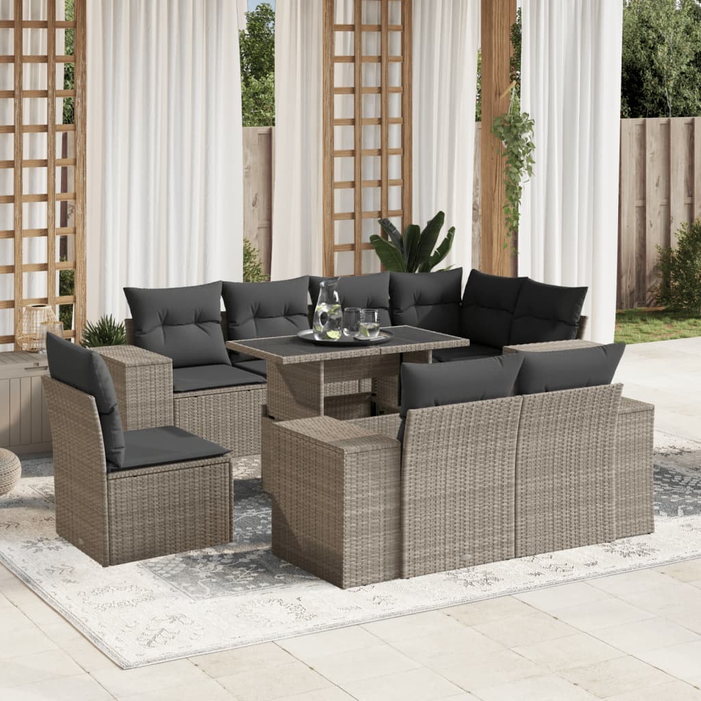 Set Divano da Giardino 9pz con Cuscini Grigio Chiaro Polyrattan | homemem39