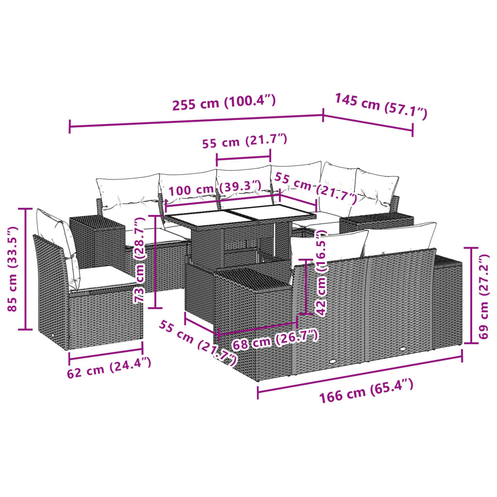 Set Divani da Giardino 9pz con Cuscini Marrone in Polyrattan | homemem39