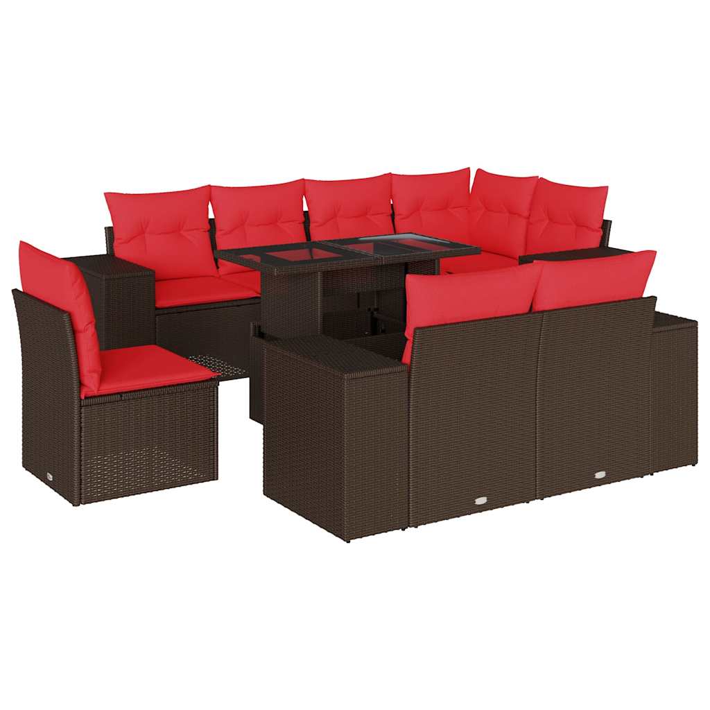 Set Divani da Giardino 9 pz con Cuscini Marrone in Polyrattan