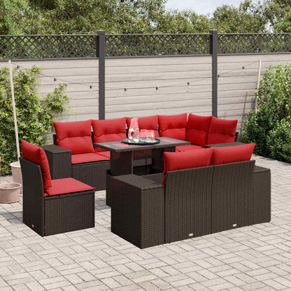Set Divani da Giardino 9 pz con Cuscini Marrone in Polyrattan