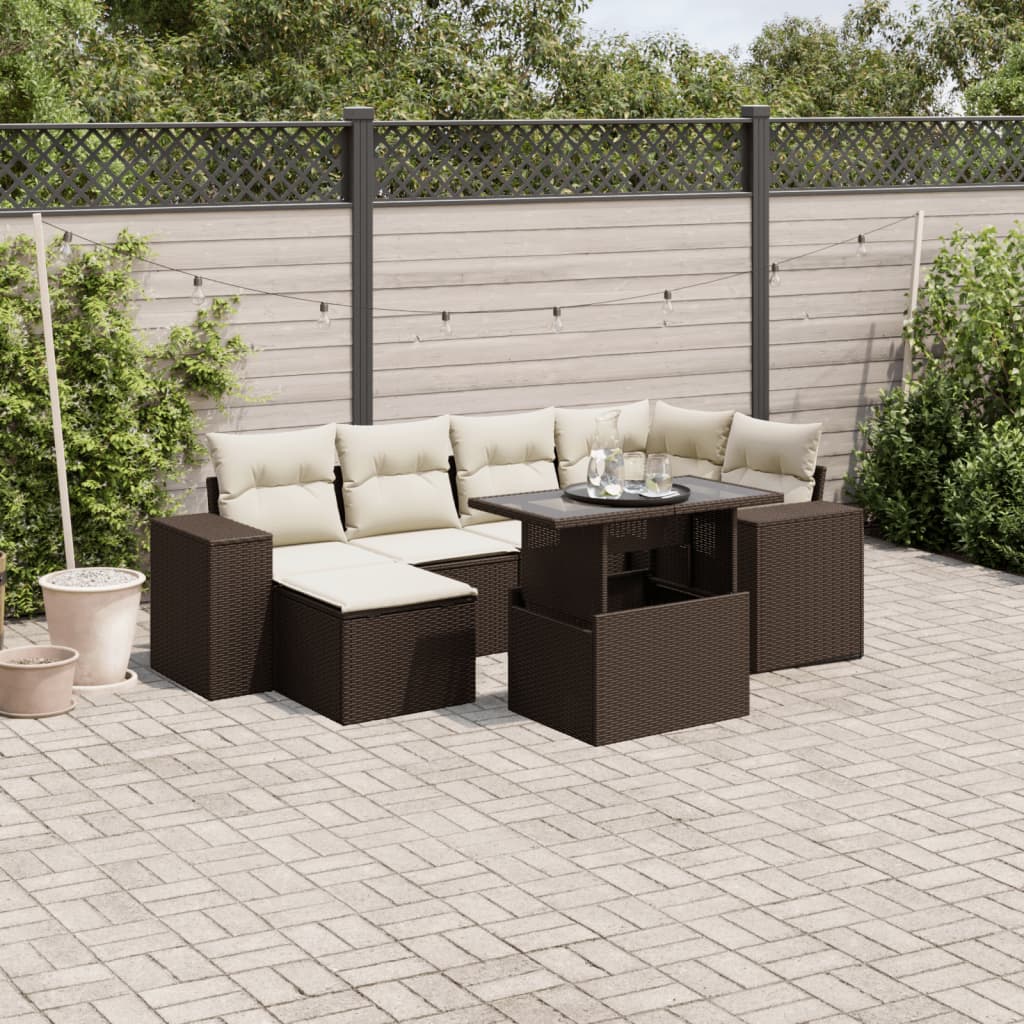 Set Divani da Giardino 7 pz con Cuscini Marrone in Polyrattan - homemem39