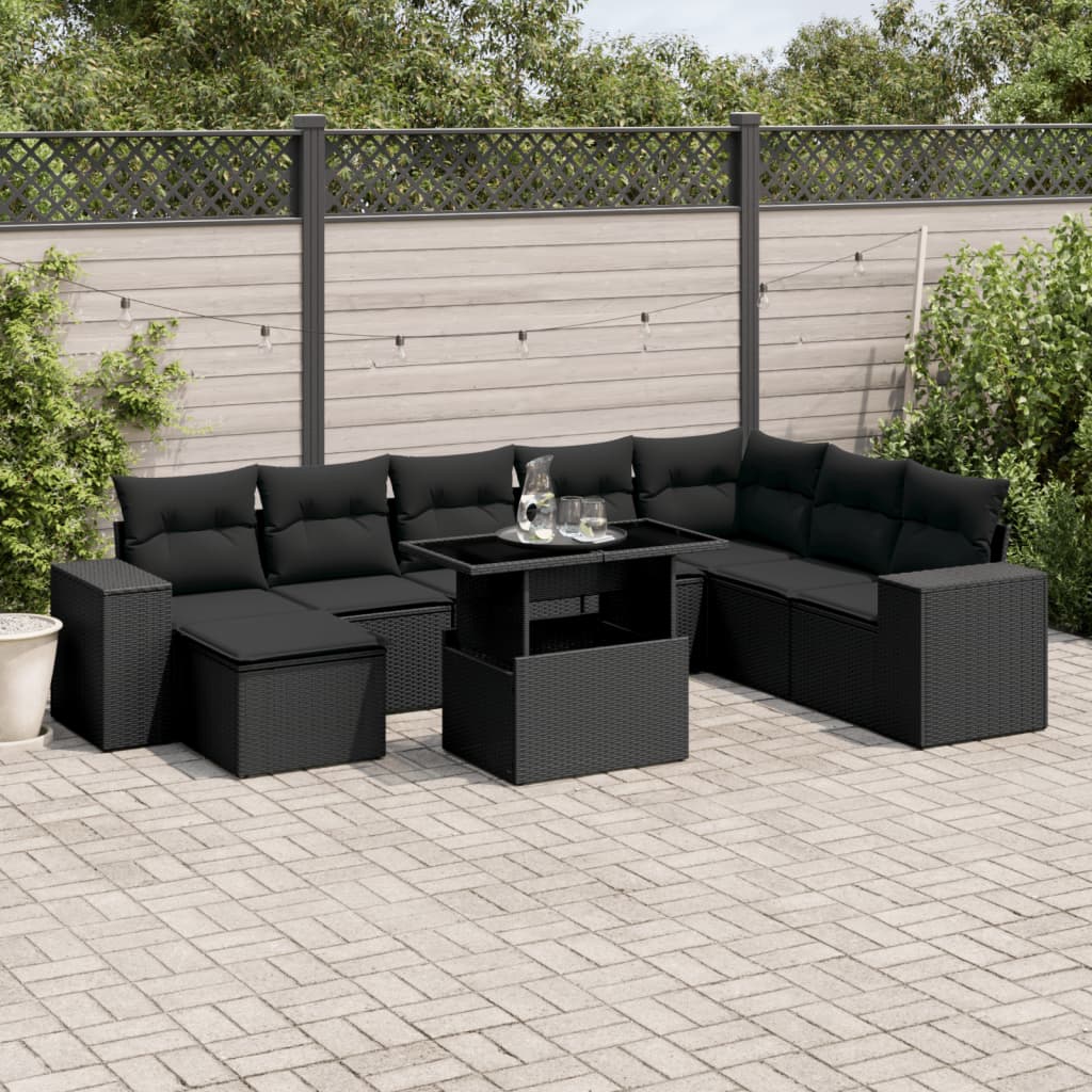 Set Divani da Giardino 9 pz con Cuscini Nero in Polyrattan - homemem39