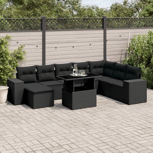 Set Divani da Giardino 9 pz con Cuscini Nero in Polyrattan - homemem39