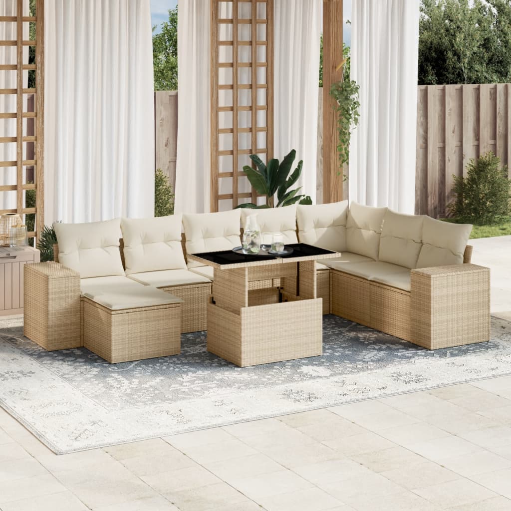 Set Divano da Giardino 9 pz con Cuscini Beige in Polyrattan | homemem39