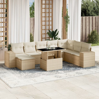 Set Divano da Giardino 9 pz con Cuscini Beige in Polyrattan - homemem39