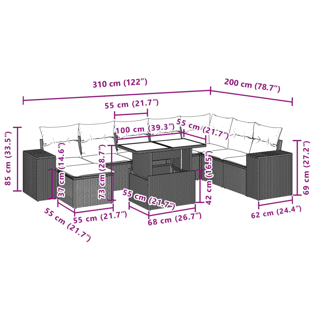 Set Divano da Giardino 9 pz con Cuscini Grigio in Polyrattan | homemem39