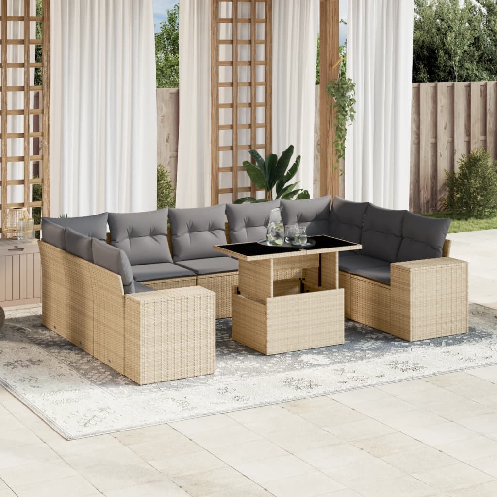 Set Divano da Giardino 10 pz con Cuscini Beige in Polyrattan | homemem39
