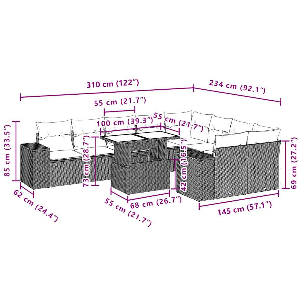 Set Divani da Giardino 10pz con Cuscini in Polyrattan Nero | homemem39