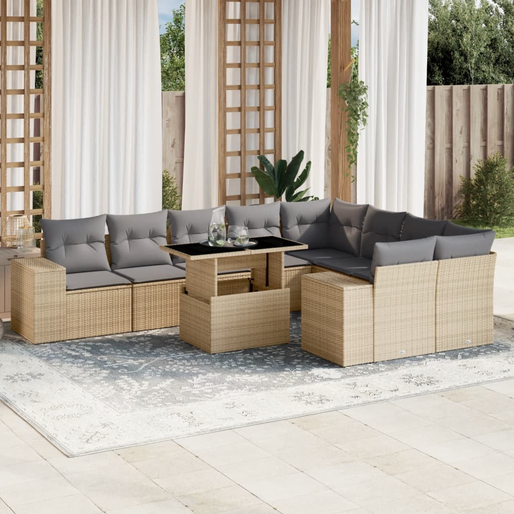 Set Divano da Giardino 10 pz con Cuscini Beige in Polyrattan - homemem39