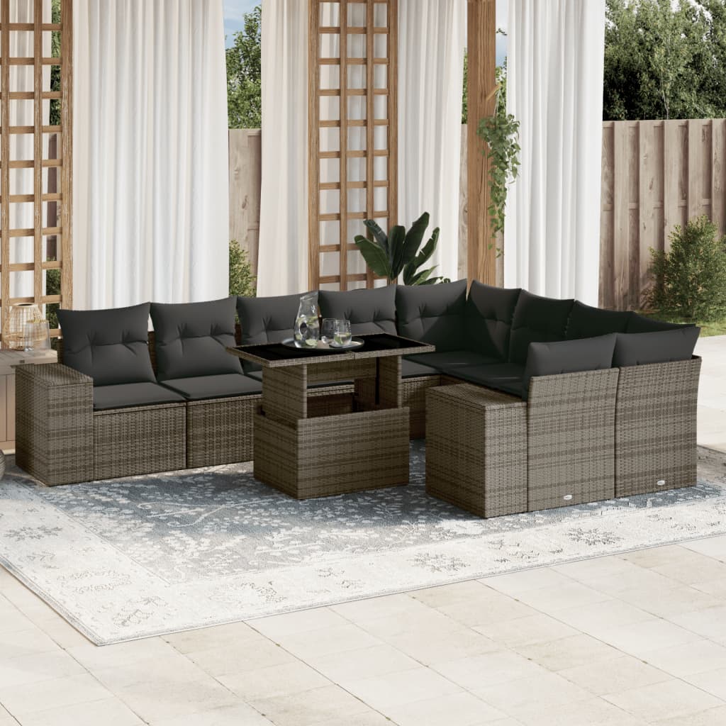 Set Divano da Giardino 10 pz con Cuscini Grigio in Polyrattan - homemem39