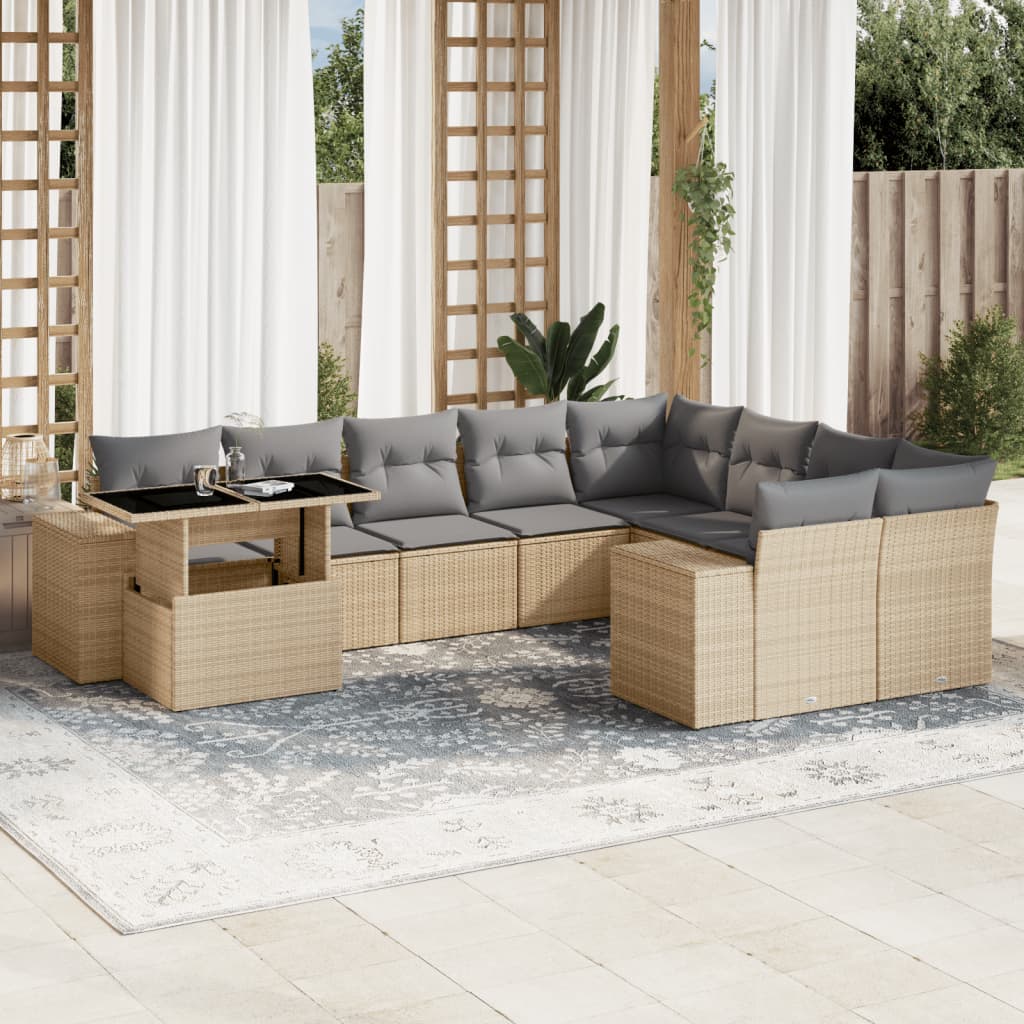 Set Divano da Giardino 10 pz con Cuscini Beige in Polyrattan | homemem39
