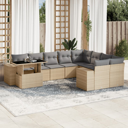 Set Divano da Giardino 10 pz con Cuscini Beige in Polyrattan - homemem39