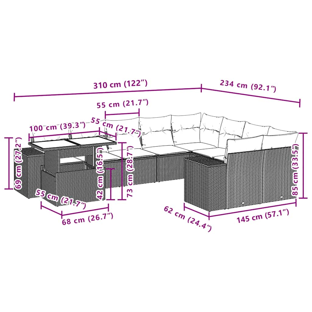 Set Divano da Giardino 10 pz con Cuscini Grigio in Polyrattan | homemem39