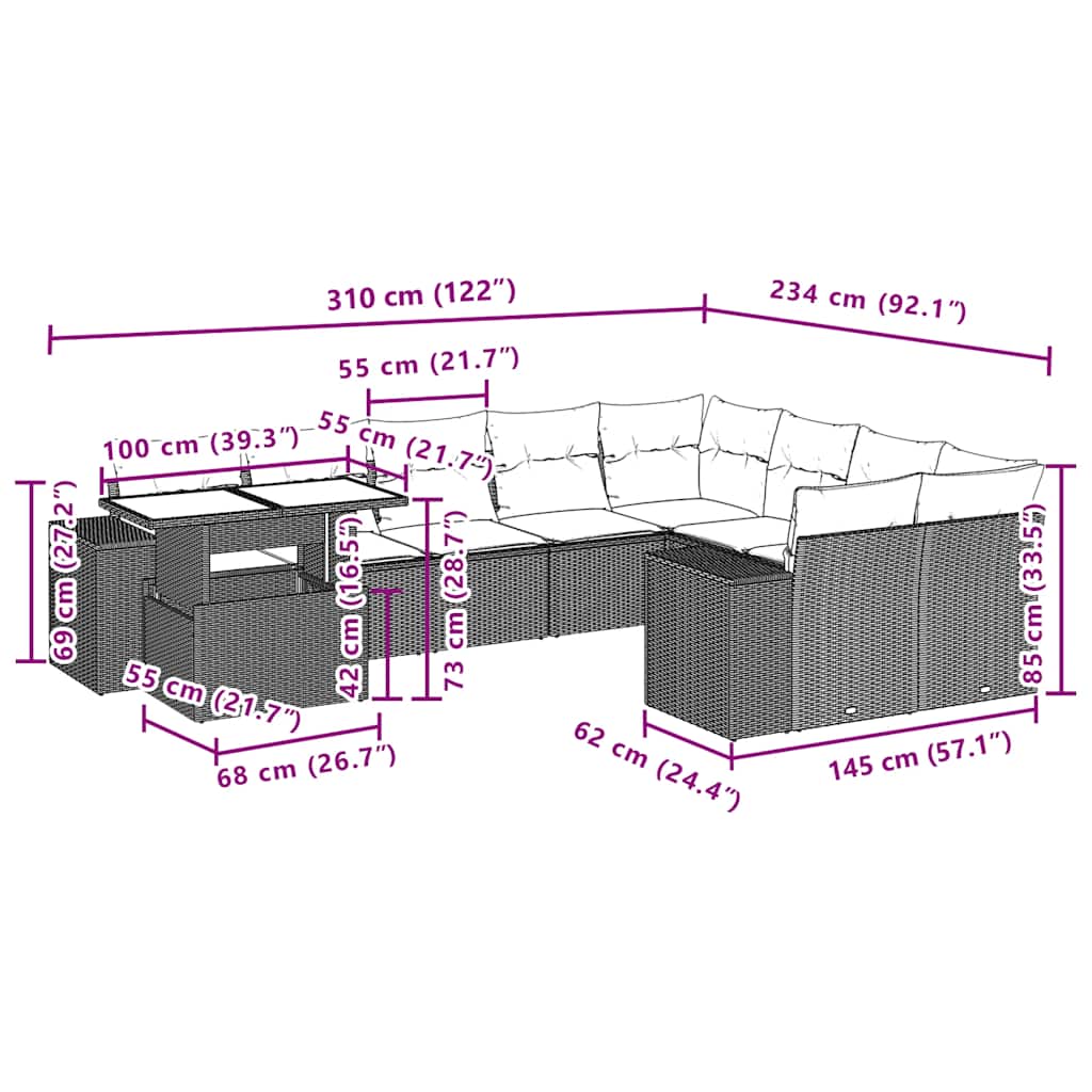 Set Divani da Giardino 10 pz con Cuscini Grigio in Polyrattan | homemem39