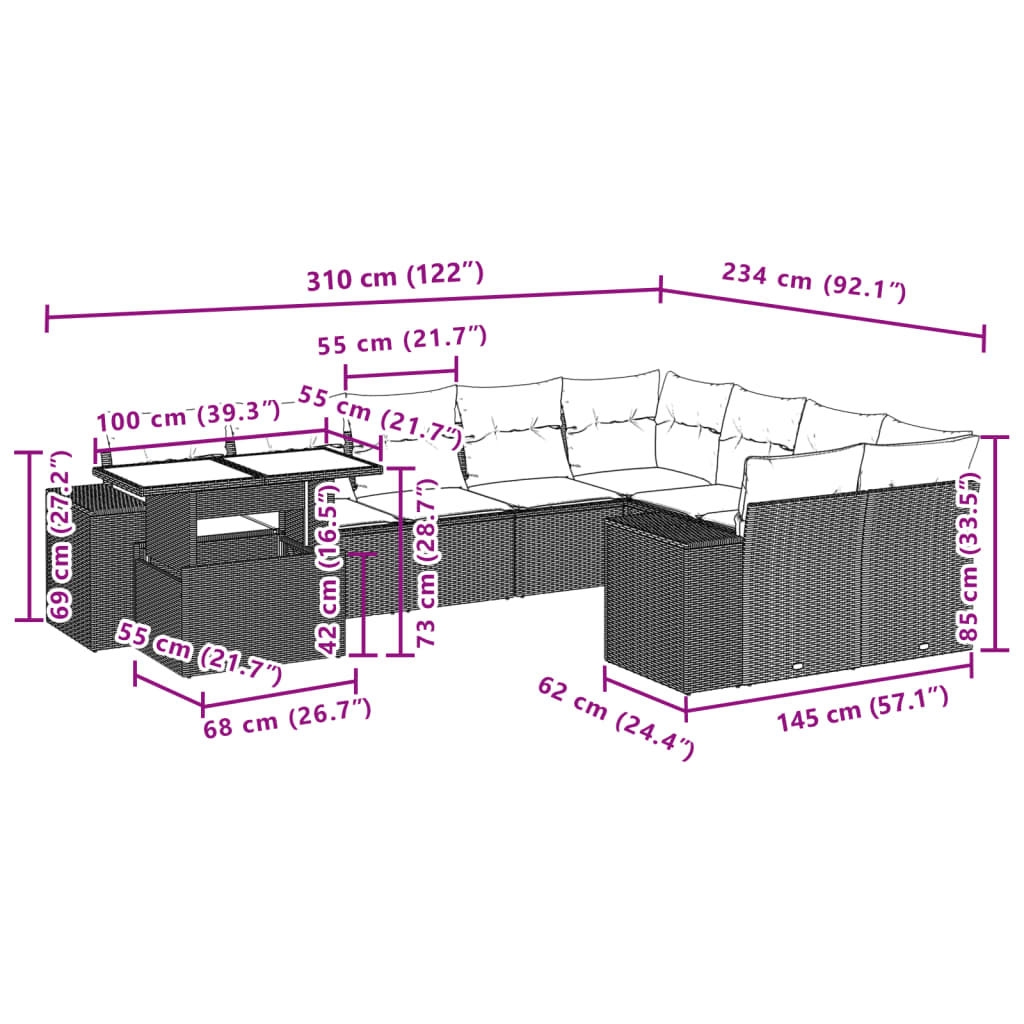 Set Divano Giardino 10 pz con Cuscini Grigio Chiaro Polyrattan | homemem39