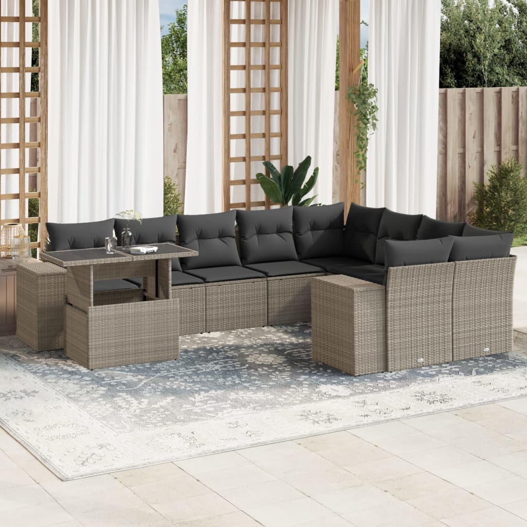 Set Divano Giardino 10 pz con Cuscini Grigio Chiaro Polyrattan | homemem39