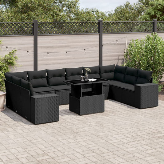 Set Divani da Giardino 11 pz con Cuscini in Polyrattan Nero | homemem39