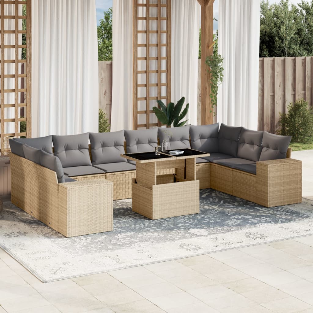 Set Divani da Giardino 11 pz con Cuscini Beige in Polyrattan | homemem39