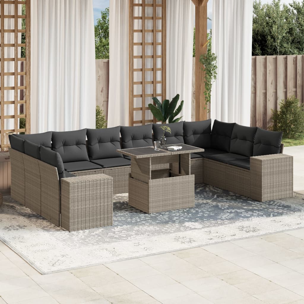 Set Divani da Giardino 11 pz con Cuscini in Polyrattan Grigio