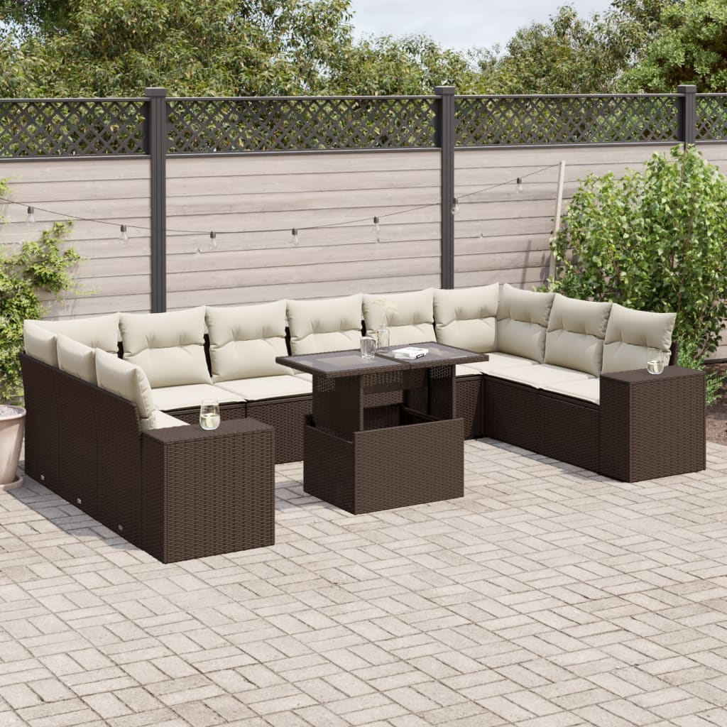 Set Divani da Giardino 11 pz con Cuscini Polyrattan Marrone | homemem39