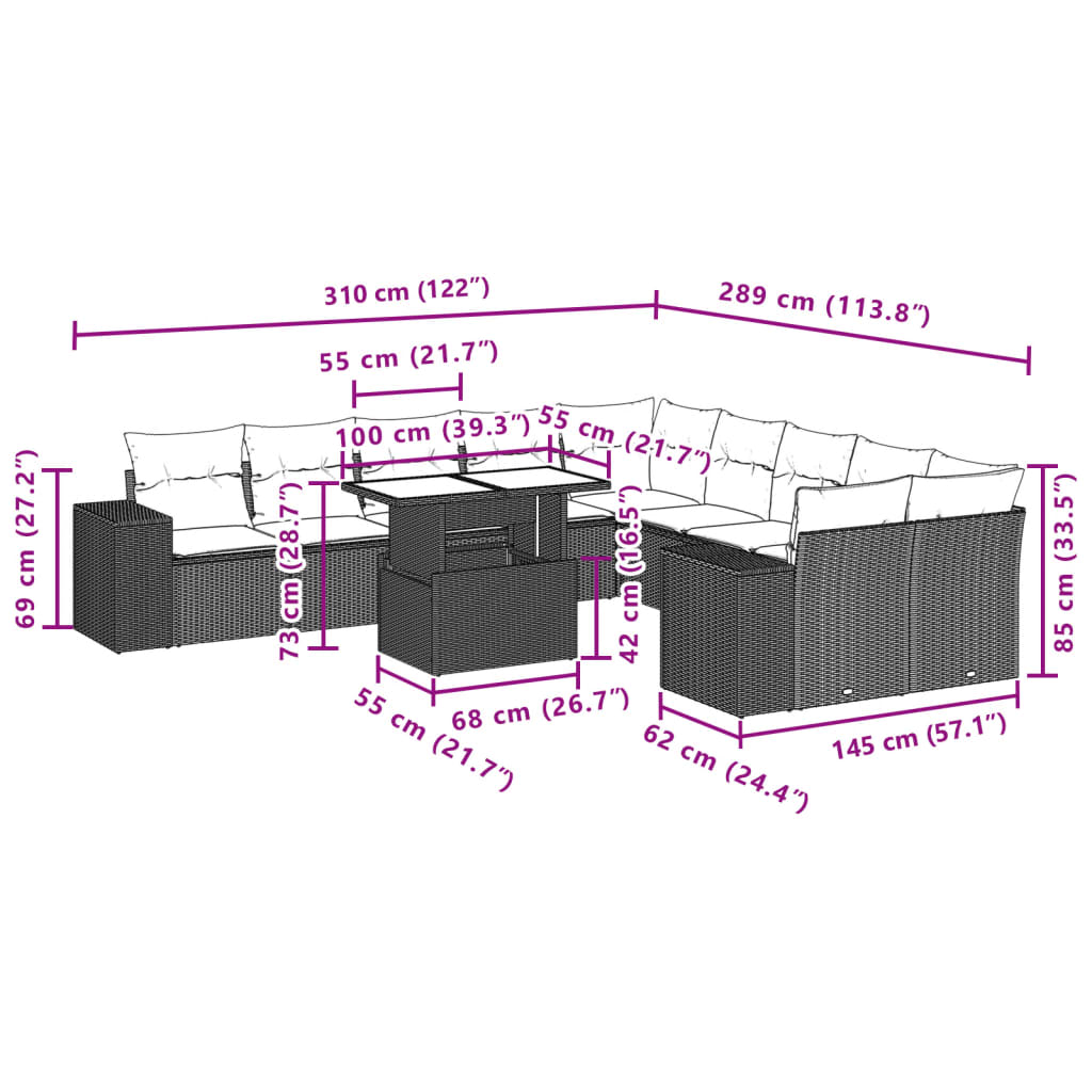 Set Divani da Giardino 11 pz con Cuscini in Polyrattan Nero | homemem39
