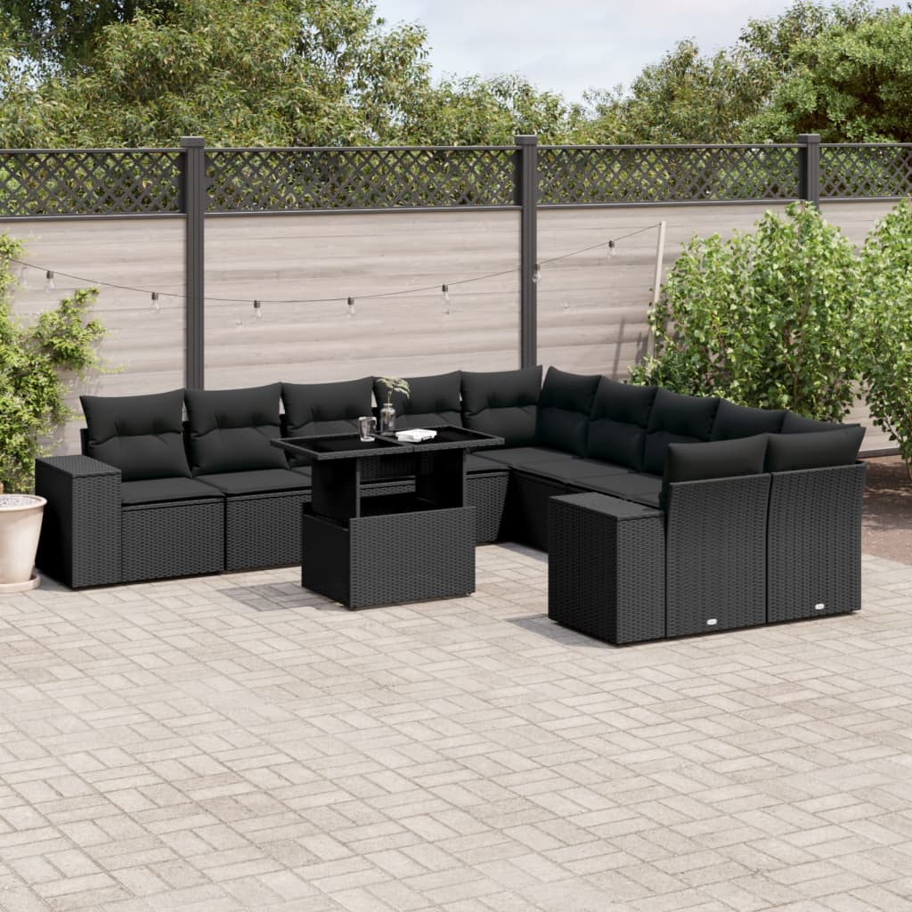 Set Divani da Giardino 11 pz con Cuscini in Polyrattan Nero | homemem39