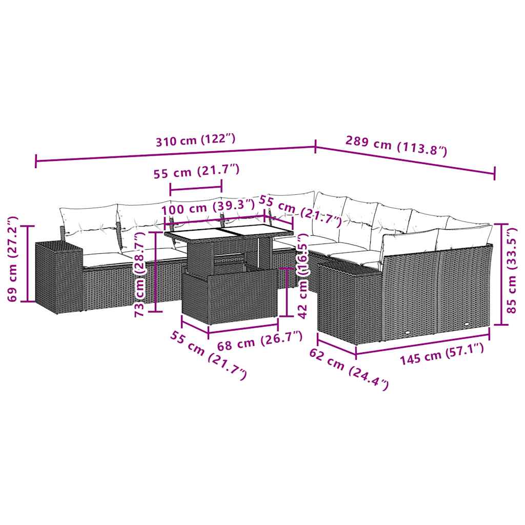 Set Divani da Giardino 11 pz con Cuscini Grigio in Polyrattan | homemem39
