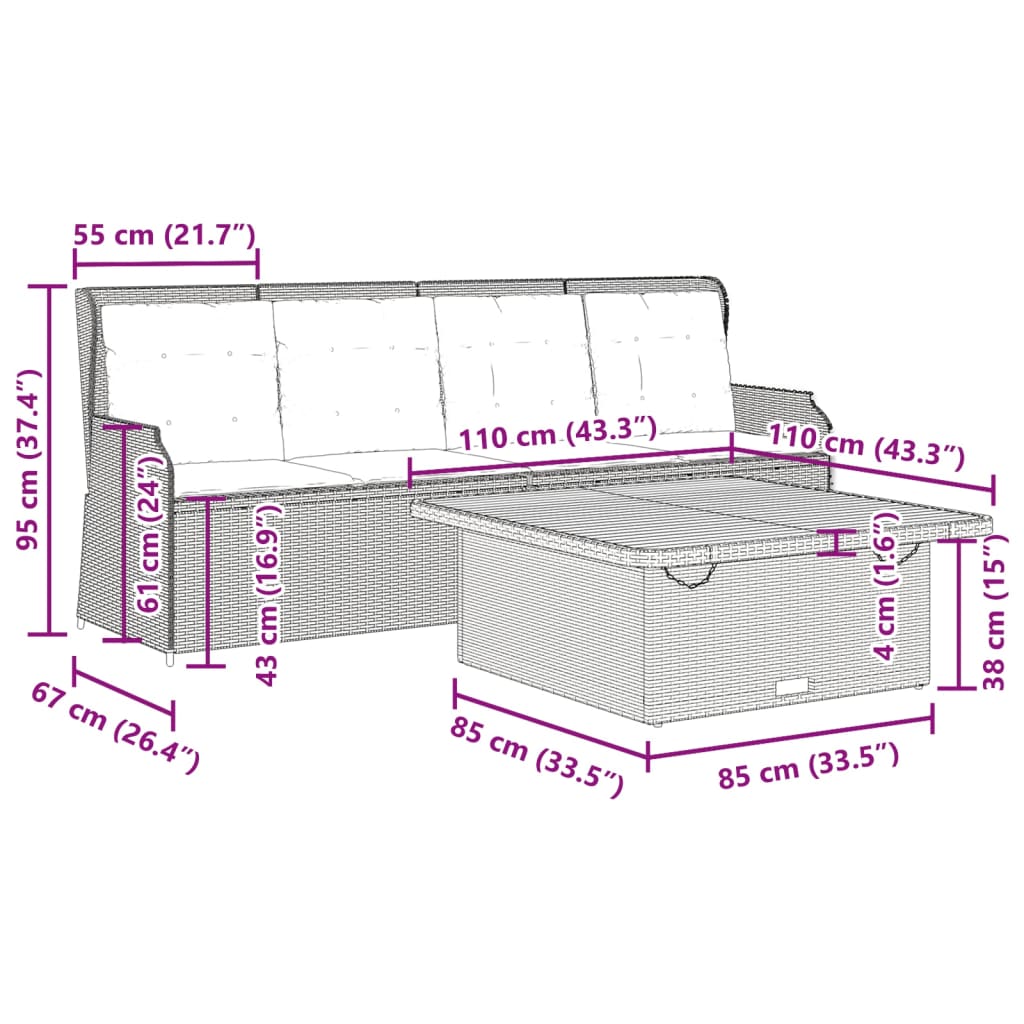 Set Divani da Giardino 3 pz con Cuscini Grigio in Polyrattan