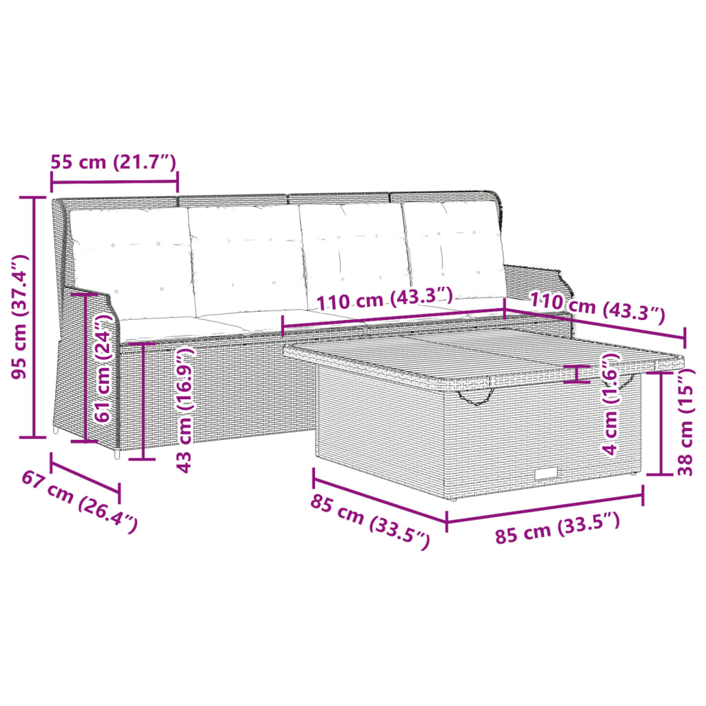 Set Divano da Giardino 3 pz con Cuscini Beige in Polyrattan | homemem39