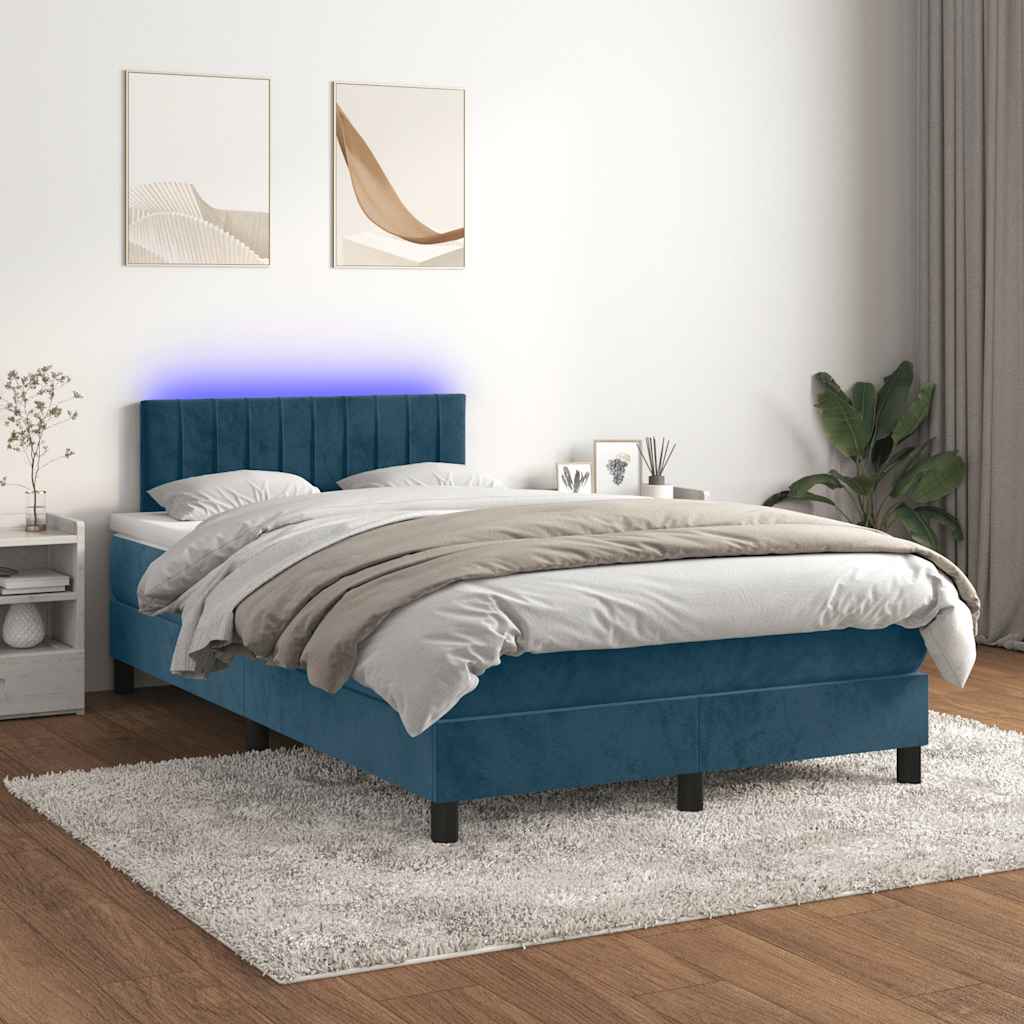 Letto a Molle con Materasso e LED Blu Scuro 120x190 cm Velluto