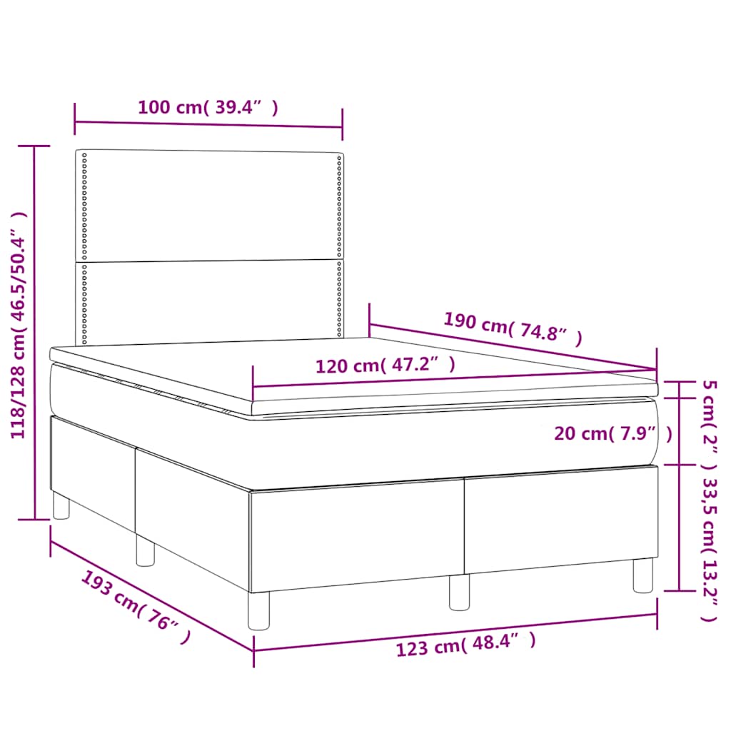 Letto a Molle Materasso e LED Grigio Scuro 120x190cm in Tessuto