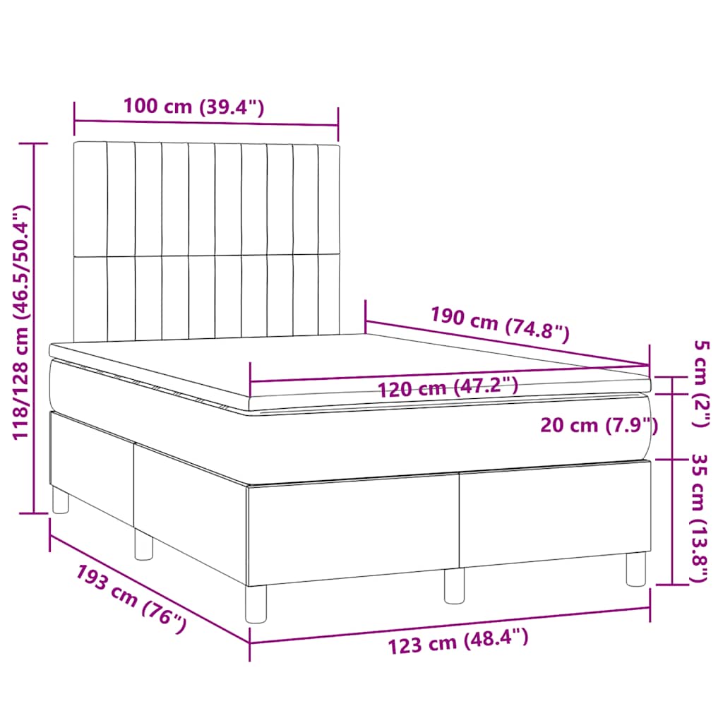 Letto a Molle con Materasso e LED Tortora 120x190 cm in Tessuto | homemem39
