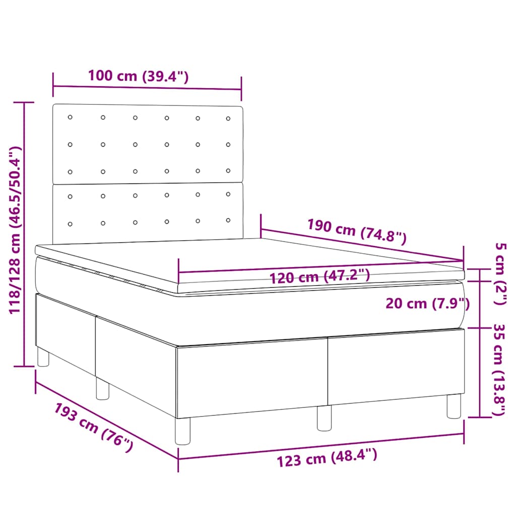 Letto a Molle con Materasso e LED Tortora 120x190 cm in Tessuto | homemem39
