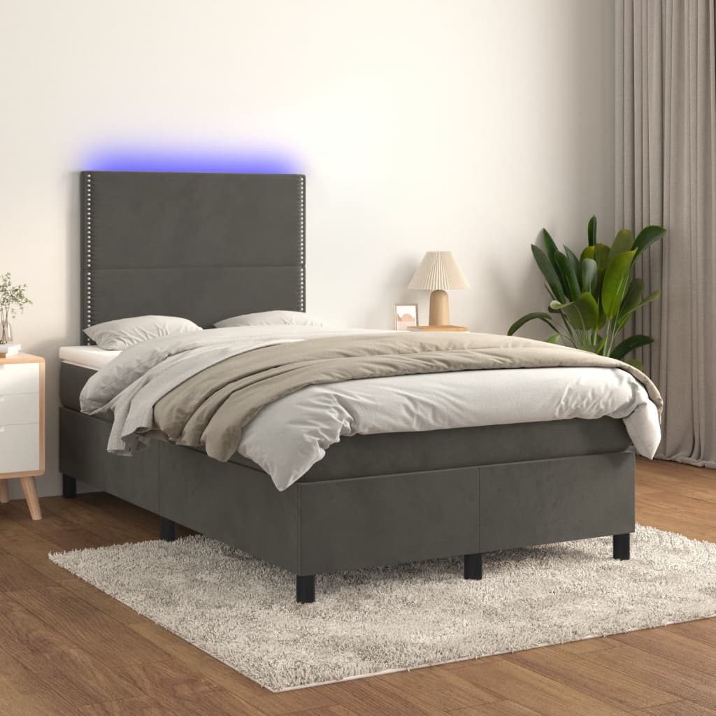 Letto a Molle Materasso e LED Grigio Scuro 120x190cm in Velluto - homemem39