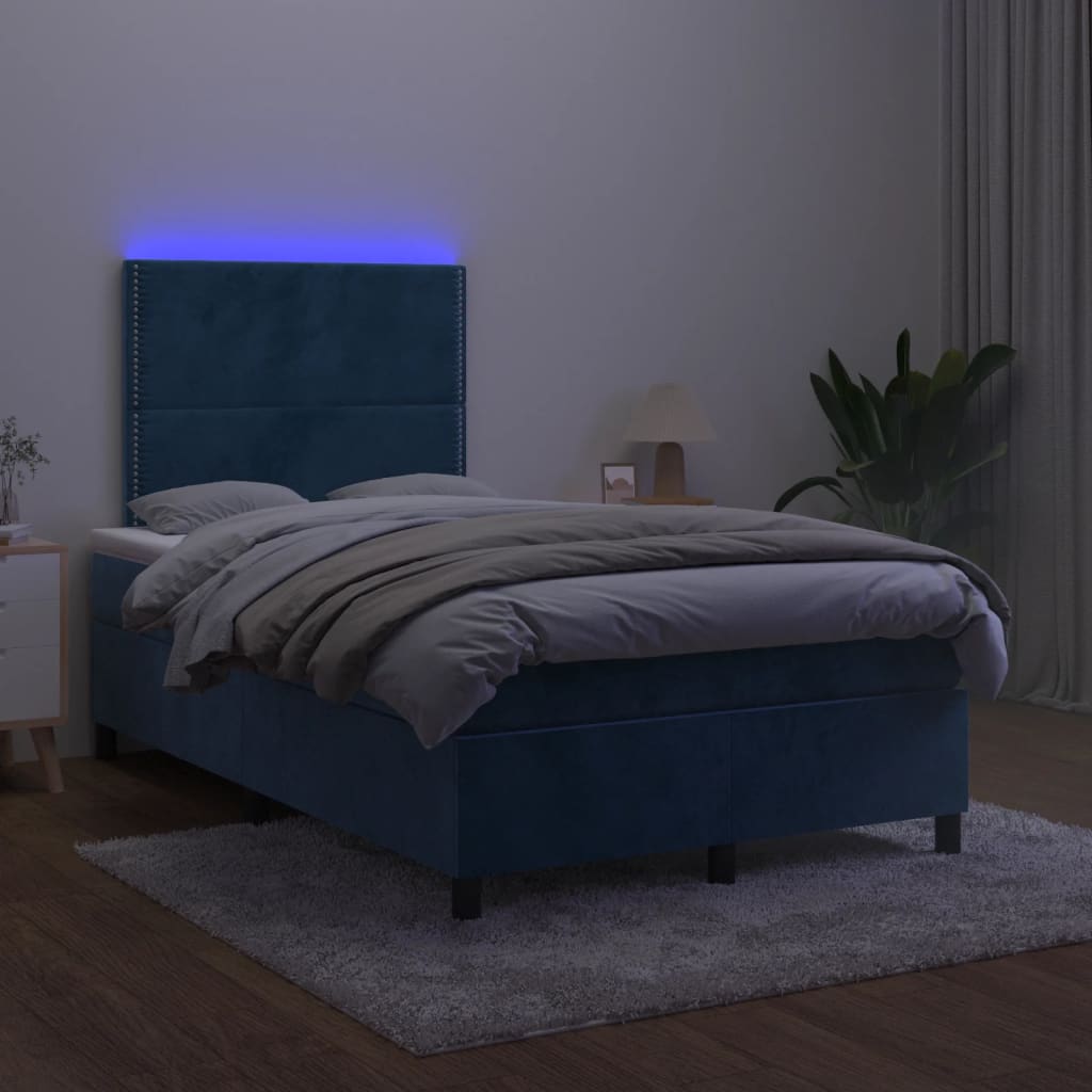 Letto a Molle Materasso e LED Blu Scuro 120x190 cm in Velluto