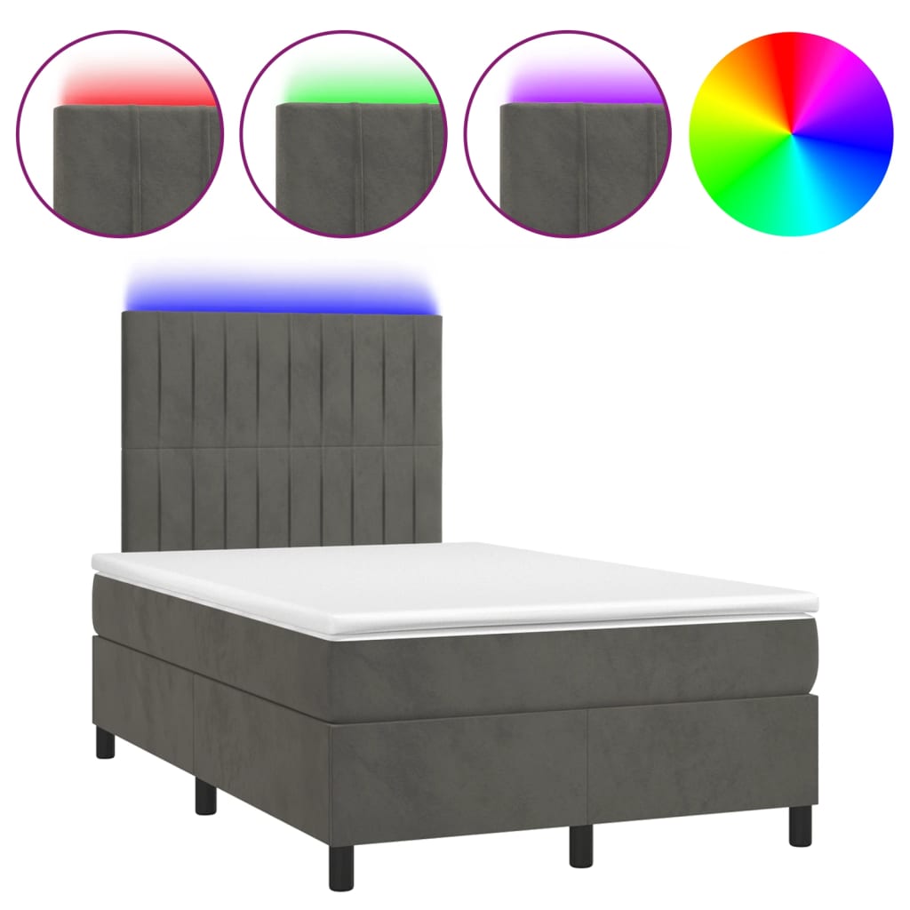 Letto a Molle Materasso e LED Grigio Scuro 120x190cm in Velluto - homemem39