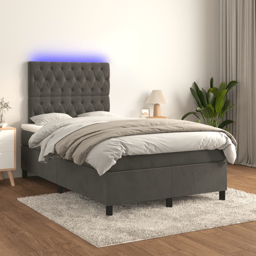 Letto a Molle Materasso e LED Grigio Scuro 120x190cm in Velluto - homemem39