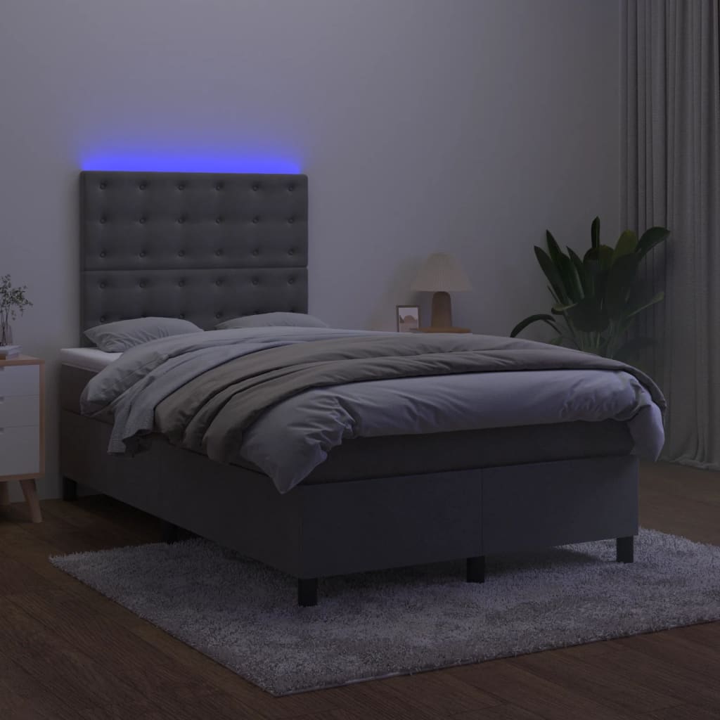 Letto a Molle Materasso e LED Grigio Scuro 120x190cm in Velluto